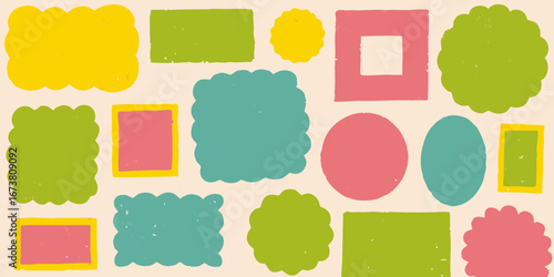 Collection of colorful abstract shapes with a textured hand drawn feel on a light background