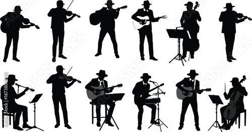 Musician silhouettes playing various instruments, live band performance, violinist, guitarist, bassist, acoustic guitar, cello player, stage music scene, concert illustration,