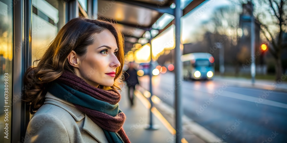 Fototapeta premium Woman waiting at a bus stop during sunset in an urban environment woman, bus stop, sunset, urban, waiting, city, transportation, evening, thoughtful, light, silhouette, scenery, public transport, stre