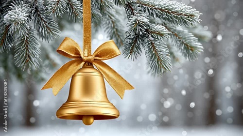 Golden bell with gold ribbon hanging on snowy pine branch against blurred winter background