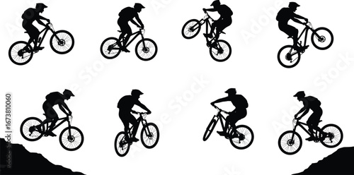 Mountain biking silhouette, cyclist performing tricks, extreme sports action, downhill biking motion, mountain trail ride, bike stunts, outdoor adventure sport, MTB freestyle, biking shadow sequence.