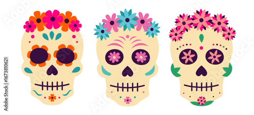 Vector set of colorful Calaca sugar skulls with flower crowns for Día de Muertos, the Mexican Day of the Dead festival.A traditional holiday in Mexico honoring death and culture.Transparent background
