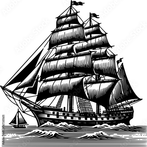 Sailing Vessel Engraving: A majestic sailing ship, captured in a classic engraving style, cuts through the waves with its sails billowing in the wind.