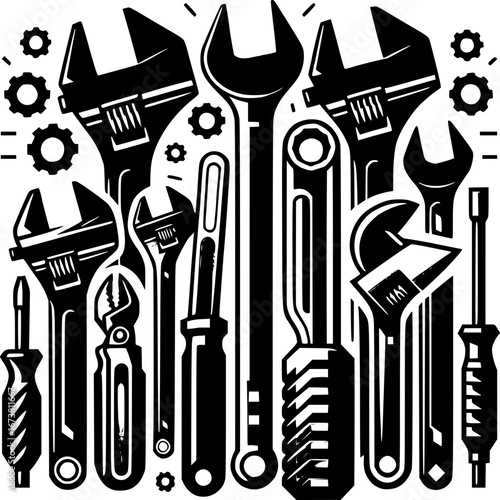 Mechanic's Toolkit: A monochromatic graphic composition showcases a variety of tools, precisely illustrating essential instruments for any mechanical or engineering endeavor.