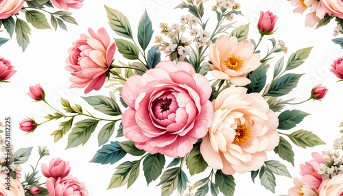 A repeating botanical print with hand-painted watercolor florals in a soft, elegant style.