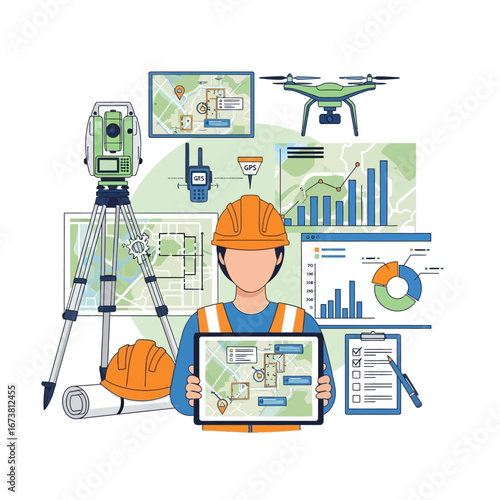 Surveyor with Tablet, Drone, and Theodolite Land Surveying Illustration