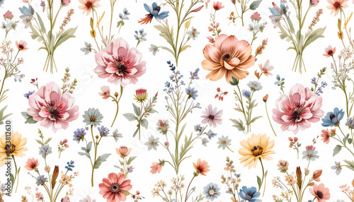 Abstract seamless pattern featuring romantic pastel flowers and foliage, perfect for fabric or wallpaper.