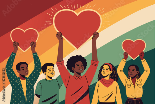 Vibrant campaign poster showcasing diverse individuals unified, holding glowing hearts, promoting unity, love, social change.