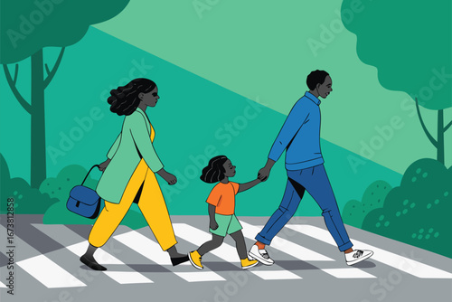 Vibrant family strolls car-free street, promoting eco-friendly, safe urban living campaign, joyful community gathering.