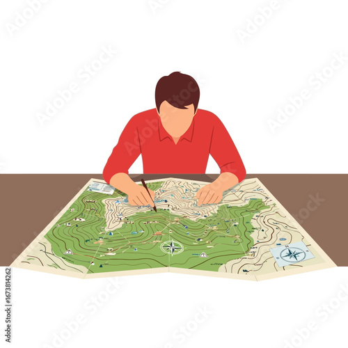 Person Studying a Map, Planning a Journey or Expedition with Detailed Topographical Information