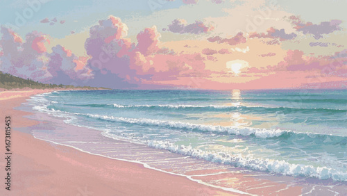 Sunset's Gentle Hush Sunset on a pastel beach isolated watercolor vector illustration svg