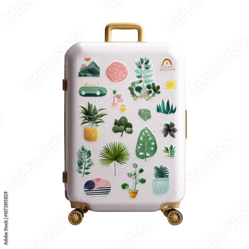 Summer travel suitcase with stickers isoleted on transparent background .