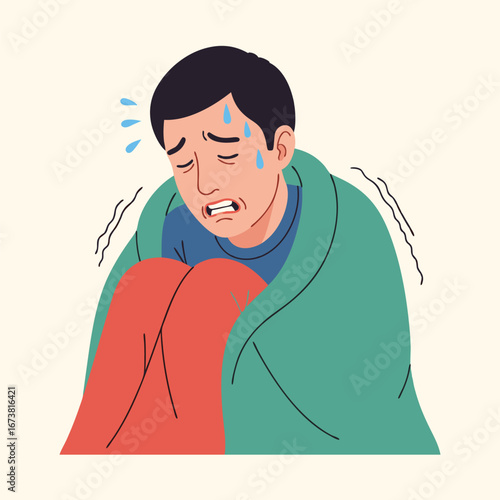 Illustration of a Sick Man with Chills and Fever Symptoms Covered in Blanket