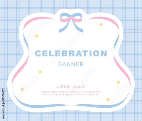 Pink and blue cute background with ribbon and checkered pattern.
