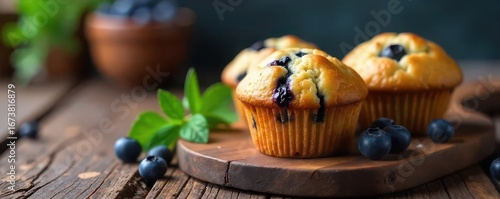 Warm blueberry muffins on rustic wooden board, kitchen table, muffin, sweet, foodie