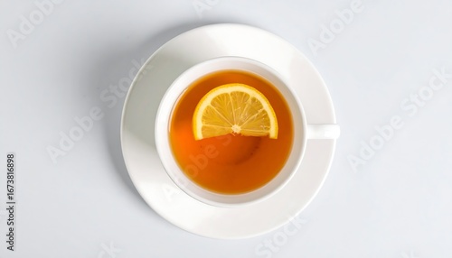 A top-down view of a cup of tea with lemon