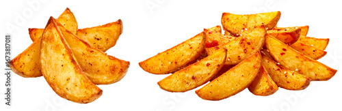group of wedges fried potatoes isolated on white background