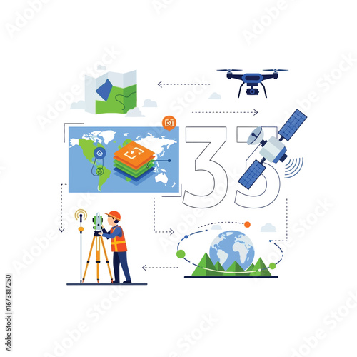 Geospatial technology concept illustrating land surveying with a surveyor, drone, satellite, and 3D mapping data