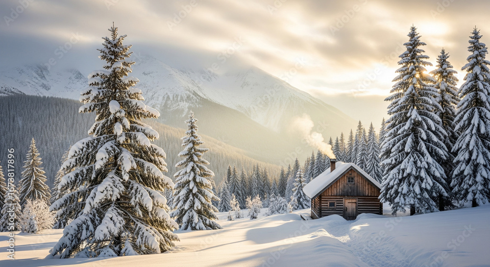 Fototapeta premium Snowy mountain landscape with wooden cabin, pine trees covered in snow, soft morning light, peaceful winter holiday scenery