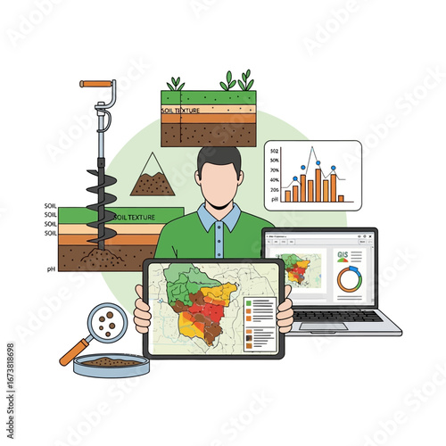 A scientific concept illustration showing a researcher analyzing soil data with mapping technology for modern agriculture