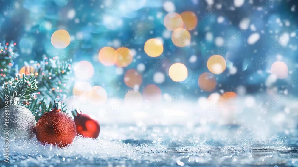 Christmas and new year abstract video with heavy snowing on blurred bokeh background Christmas tree toys.Slow motion.AI Generative.