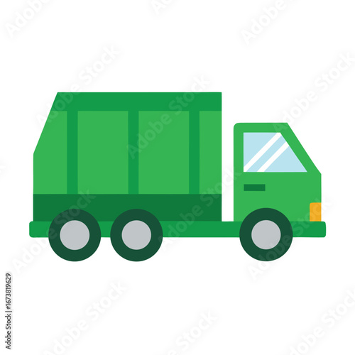 A clean flat modern vector illustration of a bright green garbage truck with a simple white background ideal for environmental or municipal services themes