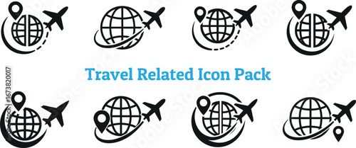 Airplane Flying Around Globe Silhouette Vector Icon Travel Concept