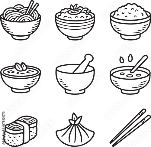 Thai and Asian Food Doodle Icon Set Outline Vector of Noodles, Curry, Rice, Soup, and Mortar
