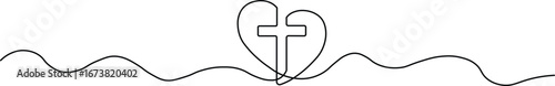 Christian church symbol in continuous line drawing style. Line art of a heart with Christian cross. Vector illustration. Abstract background