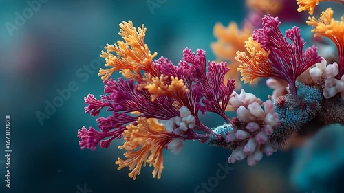 Coral Reef Ecosystem: A vibrant coral reef teeming with colorful coral growth flourishes in the clear blue ocean, showcasing the beauty and diversity of underwater ecosystem.