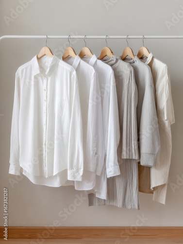 Wallpaper Mural A collection of womens blouses and sweaters hanging on a clothing rack in a neutraltoned room Torontodigital.ca