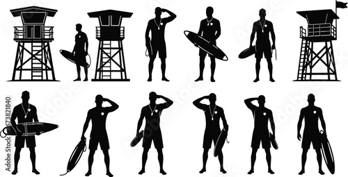 Lifeguard silhouettes, lifeguard towers, beach safety, surf rescue, lifeguard holding surfboard, lifeguard on duty, ocean safety, rescue personnel