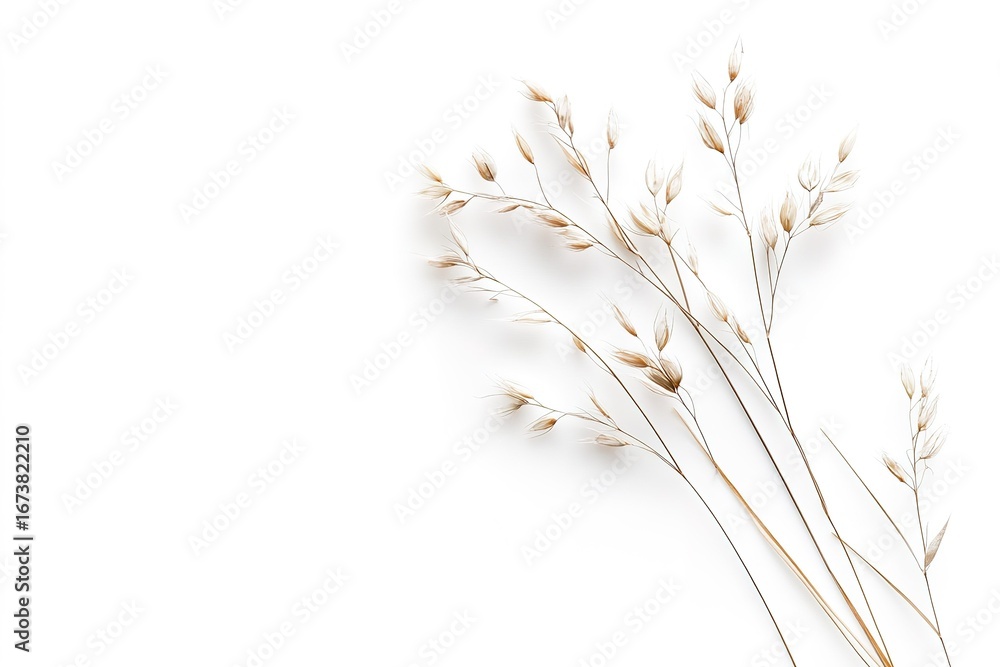 Fototapeta premium A minimalist botanical composition featuring delicate reed seeds and wild grass in a visually balanced arrangement, isolated on white