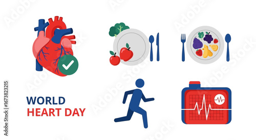 World Heart Day Infographic Vector Healthy Lifestyle, Fitness, and Medical Icons