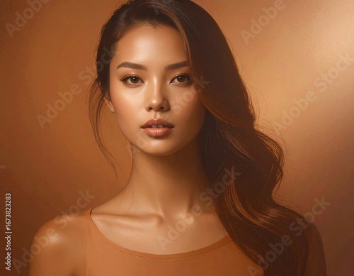Brown Gradient Texture Background Mocha, Amber, and Warm Earthy Hues with a Beautiful Woman Portrait Blended into the Abstract Flow