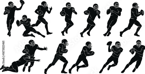 Silhouettes of American football players in action, running, passing, tackling, catching ball, football game, sports, teamwork, athletic movement.