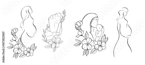 Vector Pregnant woman in silhouette holds belly near blooming sakura. Parent holding in the hands feet of newborn baby. Hand-drawn vector with linear contour cherry and apple trees in spring. Peaceful
