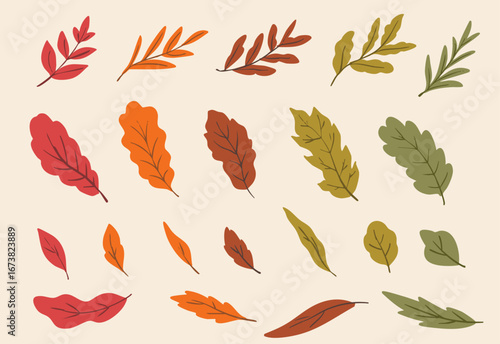 秋色リーフイラストセット。紅葉や落ち葉のデザイン素材　ベクター