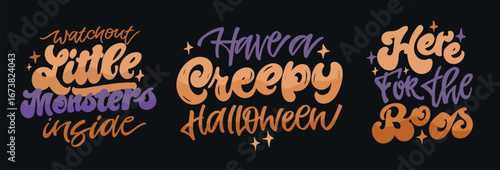 Happy Halloween set - Trick or treat – funny cute  hand drawn doodle lettering label, t-shirt design, mug print, sticker print. 100% hand drawn vector