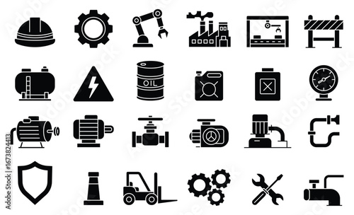 Industrial Icons Collection Featuring Equipment, Tools, and Safety Symbols