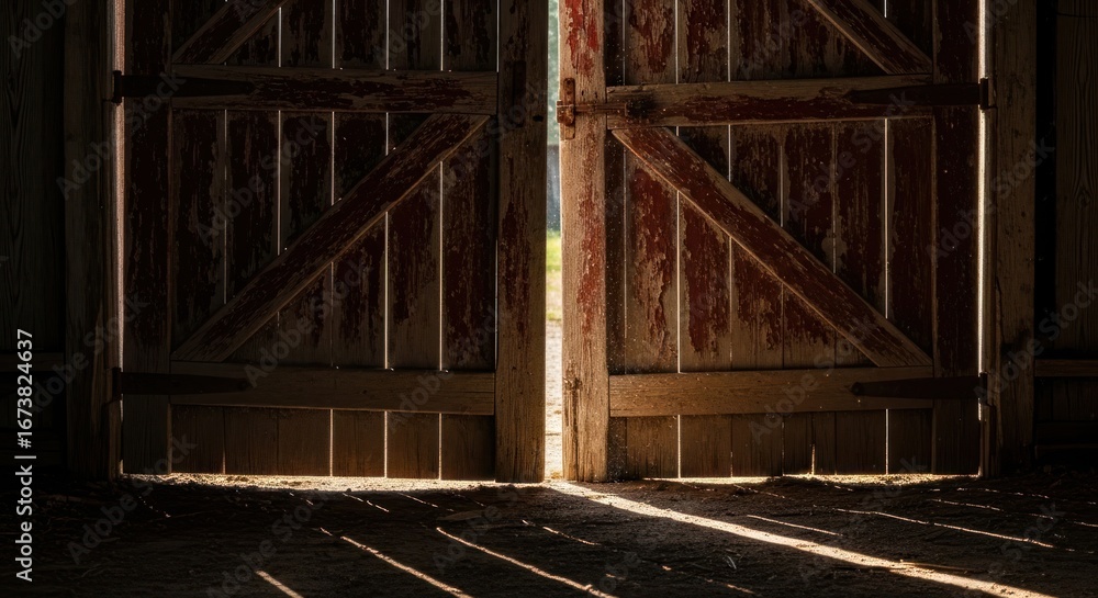 Fototapeta premium Rustic Barn Doors with Sunlight, Farm Entrance, Weathered Wood Texture