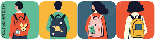 Teenagers stands with their backs with a backpack. Backpacks with various accessories, toys, patches and books. School vector concept.