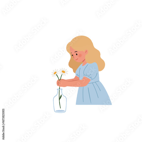 Child in summer dress arranging daisy, soft cartoon style illustration