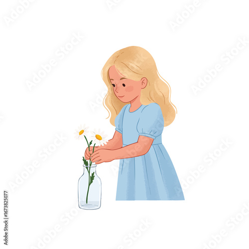 Child in summer dress arranging daisy, soft cartoon style illustration.