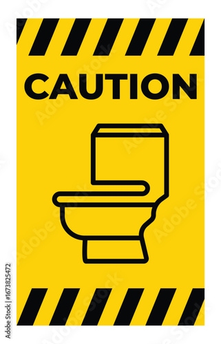 Clear Caution Sign Featuring Toilet Icon with Warning Stripes Background