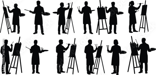 Silhouettes of artists painting on canvas, creative painter figures, holding brushes, easel art, artistic process, fine art expression