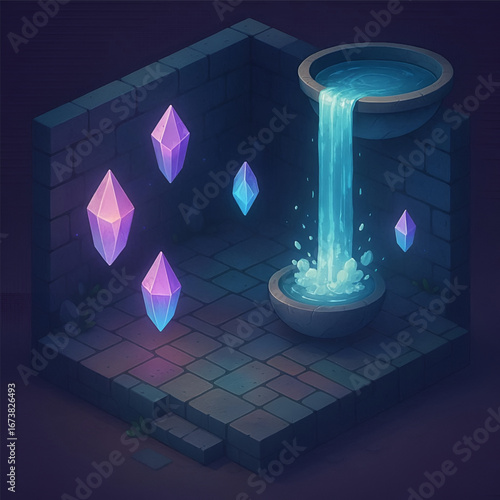 Stylized isometric waterfall scene with glowing crystals and stone structure