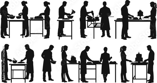 Silhouettes of bakers working together, baking process, kitchen teamwork, cake decorating, cooking, food preparation, culinary skills, collaboration, professional chefs, bakery, cooking teamwork.