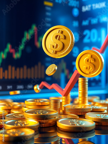 Falling Stock Market Prices Gold Coins Decrease Financial Crisis 3D Render