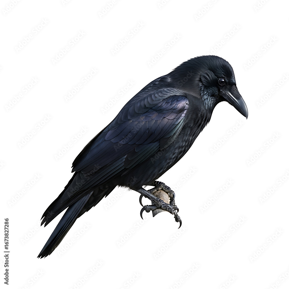 Fototapeta premium Isolated image of a black raven perched : elements for halloween on transparent background